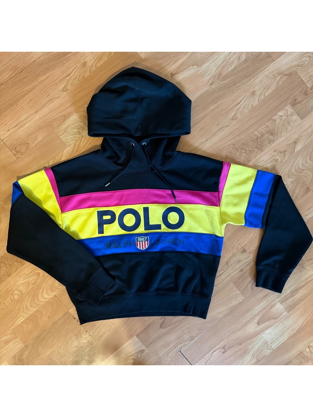 Polo Ralph Lauren Women’s Colorblock Cropped Hoodie M 1967 Logo Black Pink Blue